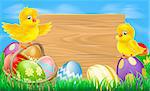 A blank wooden Easter egg sign with Easter eggs in a wooden hamper, chicks and copyspace