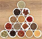 Large herb and spice selection in white bowls and wooden spoons over distressed oak background.