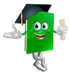 Illustration of a green graduation book education mascot wearing a mortarboard cap and holding a certificate.