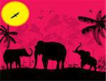 African wildlife at pink sunset with elephants, vector illustration