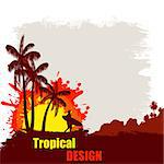 Tropical design grunge poster with man with a surfboard at sunset, vectot illuatration