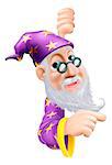 An illustration of a cute friendly old wizard character behind a sign or banner pointing a finger at it