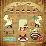 Cafe Confectionery Menu Card in Retro style - Cooks brought  Dessert on Wooden Grunge Background - Vector illustration