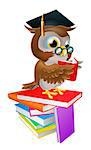 An illustration of a wise owl on a stack of books reading wearing spectacles and a mortar board graduate cap.