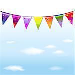 Rainbow Bunting Banner Garland With Blue Sky With Gradient Mesh, Vector Illustration