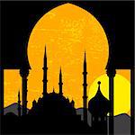 Grunge oriental sunset with mosque, vector illustration