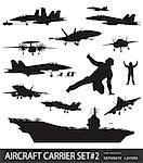 Aircraft carrier and naval aircrafts high detailed silhouettes set#2. Vector