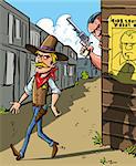 Cartoon illustration with a Wanted notice for a cowboy with a handsome sheriff walking past watched from the doorway of a building by the gun toting outlaw himself