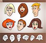 Cartoon Illustration of Funny People Set with Men and Women Heads plus Black and White versions