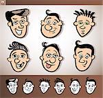 Cartoon Illustration of Funny People Set with Men Heads plus Black and White versions
