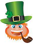 St Patricks Day Irish Leprechaun Head with Hat and Smoking Pipe Isolated on White Background Illustration