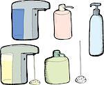 Various soap and lotion dispensers over white background