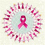 Breast cancer care globe awareness ribbon with women teamwork. Vector file layered for easy manipulation and custom coloring.