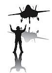 Stealth plane and aircraft carrier crewman. Vector silhouettes with reflection