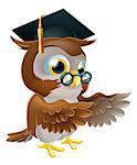 A cute cartoon wise owl wearing a mortar board professor or teacher's hat and glasses and pointing both wings