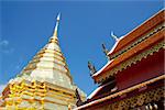 The golden pagoda with blue sky at Wat Phra That Doi Suthep, Temple Chiang Mai Province north Thail. Wat Phra That Doi Suthep contains the Holy Buddha Relic