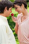 Man being offered a strawberry by his smiling female friend in a park