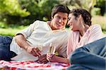 Man smiling as he looks at his friend while they touch glasses of champagne and lie down on a picnic blanket