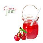 Sweet homemade cherry jam with fresh cherry on a white background.