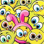 Funny cartoon yellow birds and chicken looks like a pink bunny. Easter vector background.