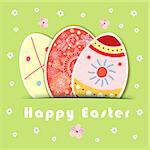 Easter greeting card with ornamental eggs on green