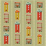 Square Urban background. Townhouses in a retro Style on Gray Background. Little Town. Vector Illustration.