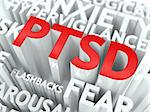 PTSD Concept. The Word of Red Color Located over Text of White Color.