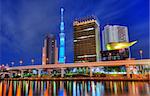 Landmark buildings line the Sumida River at Asakusa in Tokyo, Japan.