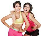 Giggling young latina workout women on white background