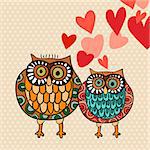 Valentine day lovely owls greeting card. Vector illustration layered for easy manipulation and custom coloring.
