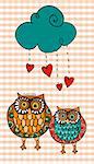 Valentine day couple owls in love under hearts raining. Vector illustration layered for easy manipulation and custom coloring.