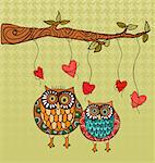 Valentine day owls couple love greeting card. Vector illustration layered for easy manipulation and custom coloring.