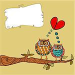 Valentine day lovely owls couple in tree branch greeting card background. Vector illustration layered for easy manipulation and custom coloring.