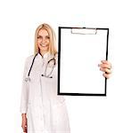 Young female doctor holding clipboard. Isolated over white bacgkround