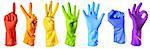 raibow color rubber gloves on white