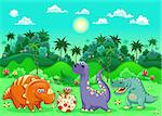 Funny dinosaurs in the forest. Cartoon and vector illustration