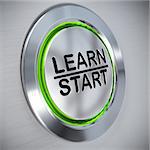 Metal button where it is written learn and start. Green light, concept of e-learning or training