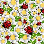 Spring ladybug, flowers, leaves and water drop seamless pattern. Vector file layered for easy manipulation and custom coloring.