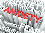 Anxiety Concept. The Word of Red Color Located over Text of White Color.