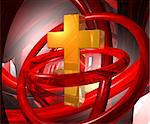 golden christian cross in abstract space - 3d illustration