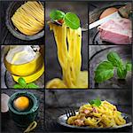 Restaurant series. Collage of fresh Pasta carbonara.  Fresh ingredients - homemade egg pasta, ham, basil in vintage setting