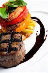 Grilled Filet Mignon with Layered Heirloom Tomato Salad and Red Wine Reduction