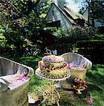 A Woodland Cake with Butterfly Decorations on a Small Outdoor Table