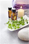 Sprig of oregano, fresh herbs, candle, towel and bottles of essential oil for aromatherapy