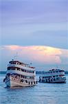 South America, Brazil, Amazonas, Manaus, an Amazon river boat arriving at the docks in Manaus city in the Brazilian Amazon