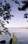 South America, Brazil, Rio de Janeiro, Angra dos Reis, Costa Verde, Green Coast, a model stands in an arch on the end of a pier at dawn on Ilha Grande island