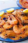 South America, Brazil, Ceara, Prainha do Canto Verde, pan fried, freshly caught shrimp, prawns, in a local beachside restaurant