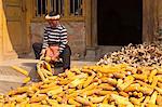 China, Yunnan, Luoping. A lady of the Miao ethnic minority group, wearing a traditional apron, husking corn on the steps of her house.