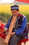 China, Yunnan, Luoping. A man of the Buyi ethnic minority group enjoying a smoke with a large water pipe amongst the mustard fields of Luoping.