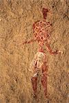 Chad, Gaora Hallagana, Ennedi, Sahara. An ancient bichrome rock painting of a man wearing a decorated cape and lower garment.